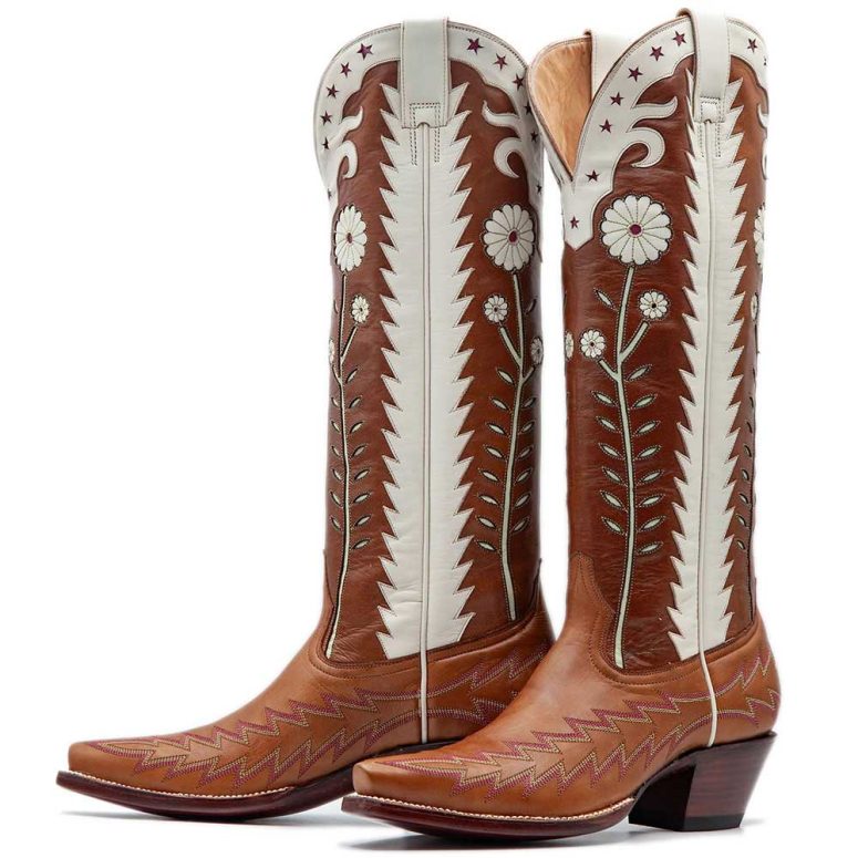 Brown & White Embroidered Flower Inlay Knee High Heeled Cowgirl Boots