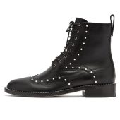 Black Wingtip Pearls Studded Low Heel Lace Up Ankle Boots for Women