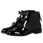 Black Patent Leather Bow Flat Ankle Boots