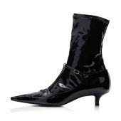 Black Pointed Toe Patent Leather Kitten Heel Buckle Mid-Calf Boots