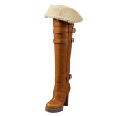 Winter Brown Buckle Strap Over-the-Knee Faux Fur Boots with Platform