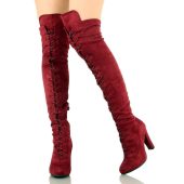 Maroon Vegan Suede Lace up Chunky Heel Boots Over-the-knee Boots