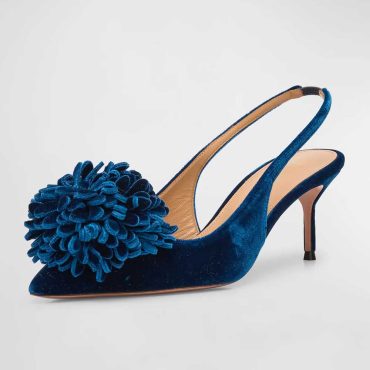 Navy Velvet Pointed Toe Floral Decor Pumps Heels with Slingback