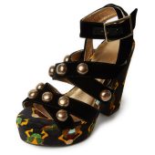 Black Studded Cross-Strappy Platform Sandals with Chunky Heel