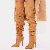 Light Brown Vegan Suede Pointed Toe Stiletto Thigh-High Slouch Boots