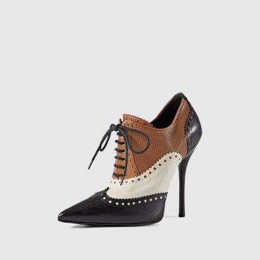 Vintage Tricolor Pointed Toe Brogue Inspired Lace Up Oxford Heels