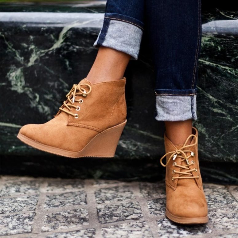 Tan Almond Toe Wedge Booties Lace Up Ankle Boots