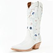FSJ White Snip Toe Fleur Chunky Heel Mid-Calf Cowgirl Boots