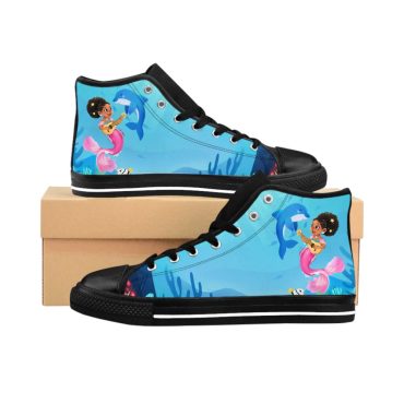 Women's Underwater Mermaid Classic Canvas Sneakers, Black Afro Mermaid