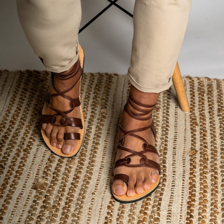 Brown gladiator leather sandals men, Lace up summer shoes, Sandalias hombre, Griechische sandalen herren