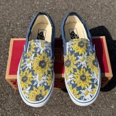 Sunflowers and Daisy Flowers on Navy Slip On Vans Shoes - Men's and Women's Custom Vans Sneakers