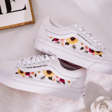 Embroidered Sunflowers Vans, Vans Embroidered Sunflowers, Sunflower, Cosmos, Daisy Embroidered Shoes, Flowers Embroidery Sneaker for Wedding
