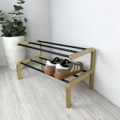 2 Tier Small Wooden Shoe Rack Stand | Space Saving Floor Shoe Storage for Entryway | Free Standing Shoe Shelf for Closet