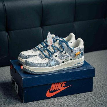 Custom AF1 sneakers, custom Air Force 1 shoes, handmade, white and blue denim, you drew stars