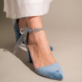 Baby Blue Wedding Heels, Velvet Bridal Shoes with Medium High Block Heels, Light Blue Classic Ankle Strap Bridesmaid Wedding Sandals