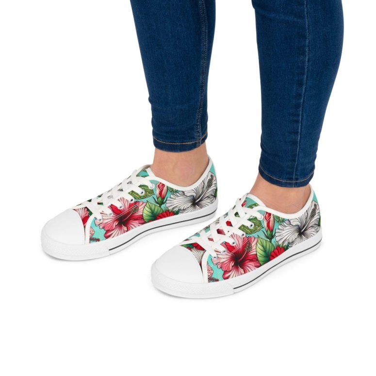 Hibiscus Flower Low Sneakers, Stylish Women's Shoes for Summer, Vacation & Casual Walking, AI Pattern, Asymmetrical Design