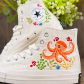 Custom Embroidered Sneakers, Converse Chuck Taylor Octopus Embroidered, Ocean Vibes Embroidered Shoes, Birthday Gift For Son, Unisex Shoes
