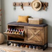 Entryway bench with shoe cabinet storage combined with shoe bench, coat rack and 5 hooks living room furniture