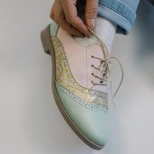 Mint & Gold Floral Oxford Shoes – Handmade Women’s Lace-Up Brogues – Vintage-Inspired, Custom Leather Design