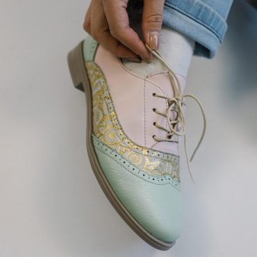 Mint & Gold Floral Oxford Shoes – Handmade Women’s Lace-Up Brogues – Vintage-Inspired, Custom Leather Design