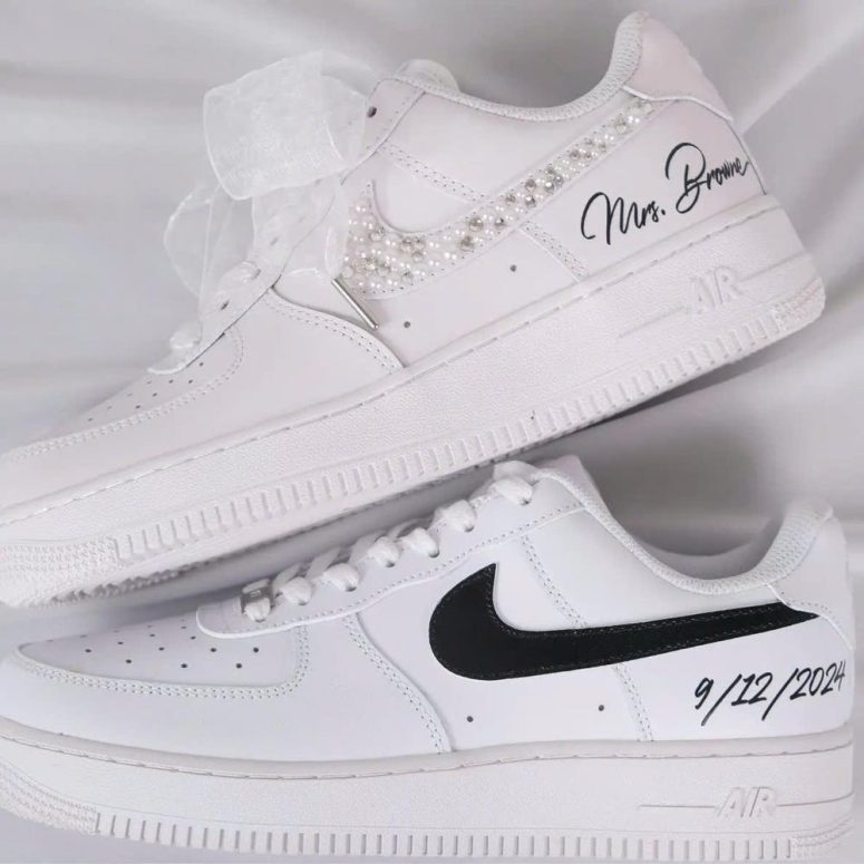 Wedding Sneakers For Couples By Threadize|Bride And Groom Pearl Wedding Sneakers | AF1 Bling Wedding Shoes | Groom Shoes |Air Force 1|NK_50Y