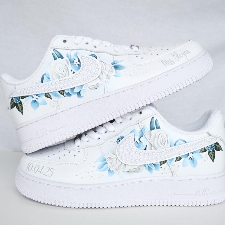 Custom AF1 Wedding Sneakers For Bride • Pearl And Handpainted Flowers  • Unique Mom Of The Bride Shoes • Personalized Birthday Gift • NK_29