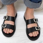Men's Leather Slide Sandals – Handmade Black Buckle Sandals