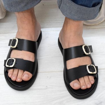 Men's Leather Slide Sandals – Handmade Black Buckle Sandals