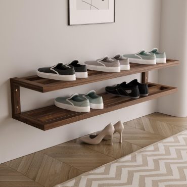 Rustic Floating Shoe Rack – 2-Tier Wooden Wall-Mounted Shelf for Entryway & Closet Storage