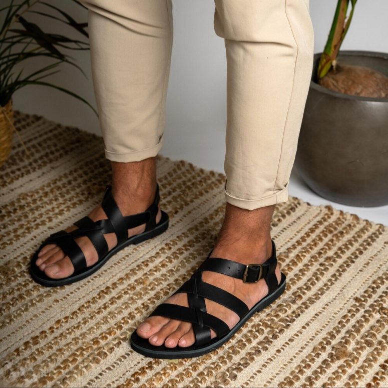 Black leather strappy sandals men, Classy flat leather sandals, Sandalias hombre, Sandalen herren, Sandales homme