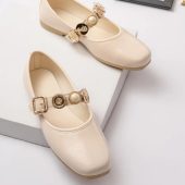 Cream Color Buckled Ballerinas - Elegant Women's Shoes - Mary Jane Ballerinas