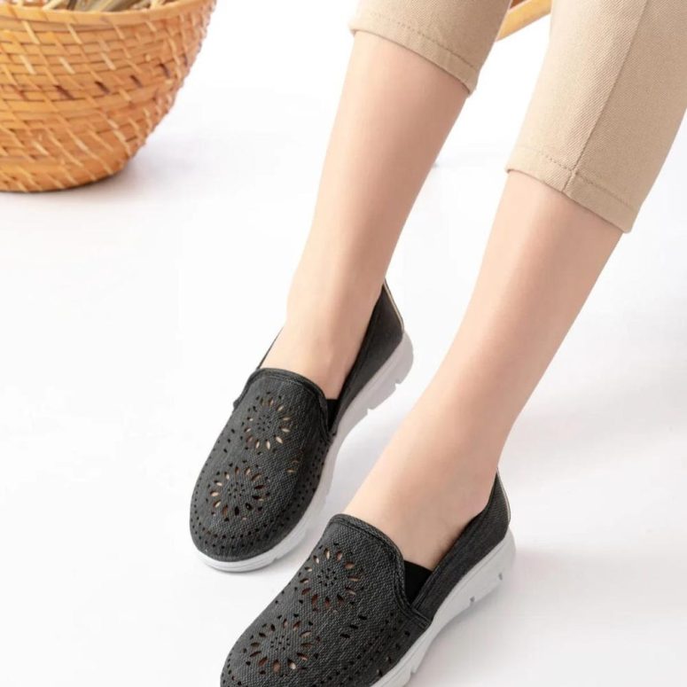 Perforated Patterned Black Summer Women's Shoes